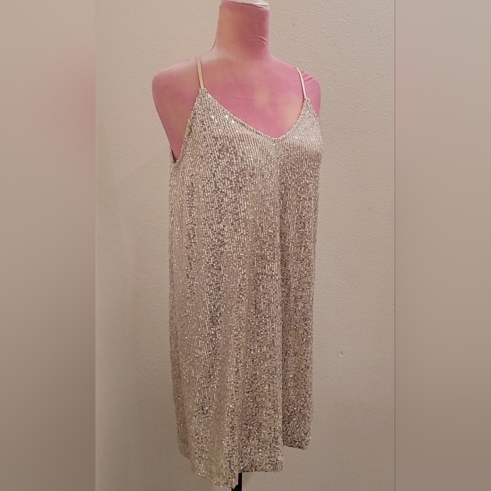 Millibon Silver Sequin Mini Dress Spaghetti Strap V-Neck Sz Large
